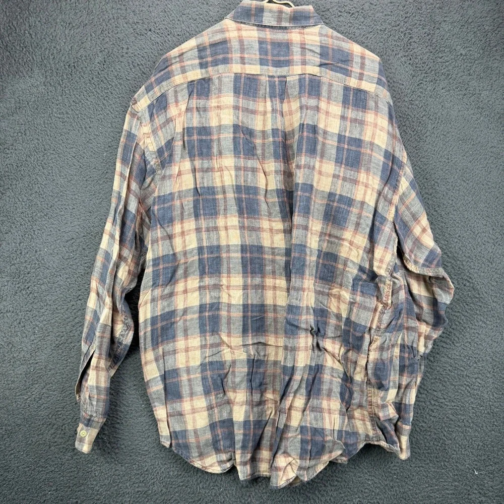 Banana Republic Mens XL Plaid Button Down Shirt 100% Linen Blue Tan Portugal